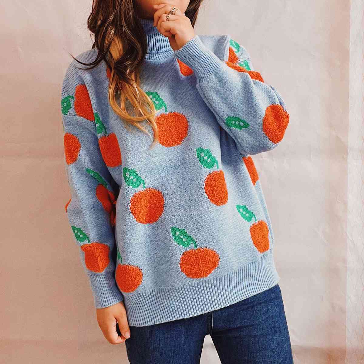 Fruit Pattern Turtleneck Dropped Sweater - Blue / S - Sweaters - Shirts & Tops - 5 - 2024