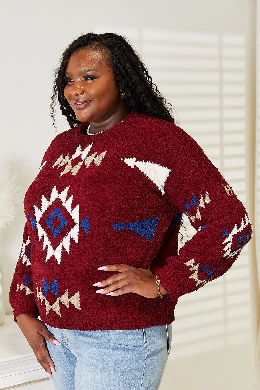 Full Size Aztec Soft Fuzzy Sweater - Sweaters - Shirts & Tops - 2 - 2024