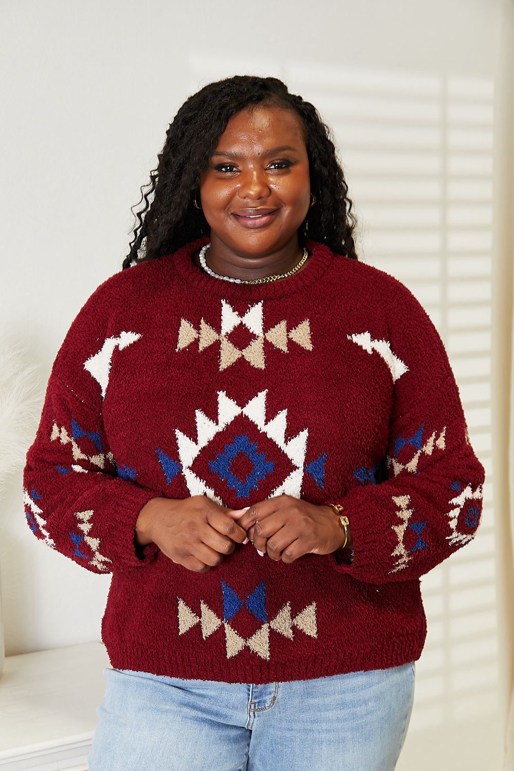 Full Size Aztec Soft Fuzzy Sweater - Red / S - Sweaters - Shirts & Tops - 1 - 2024