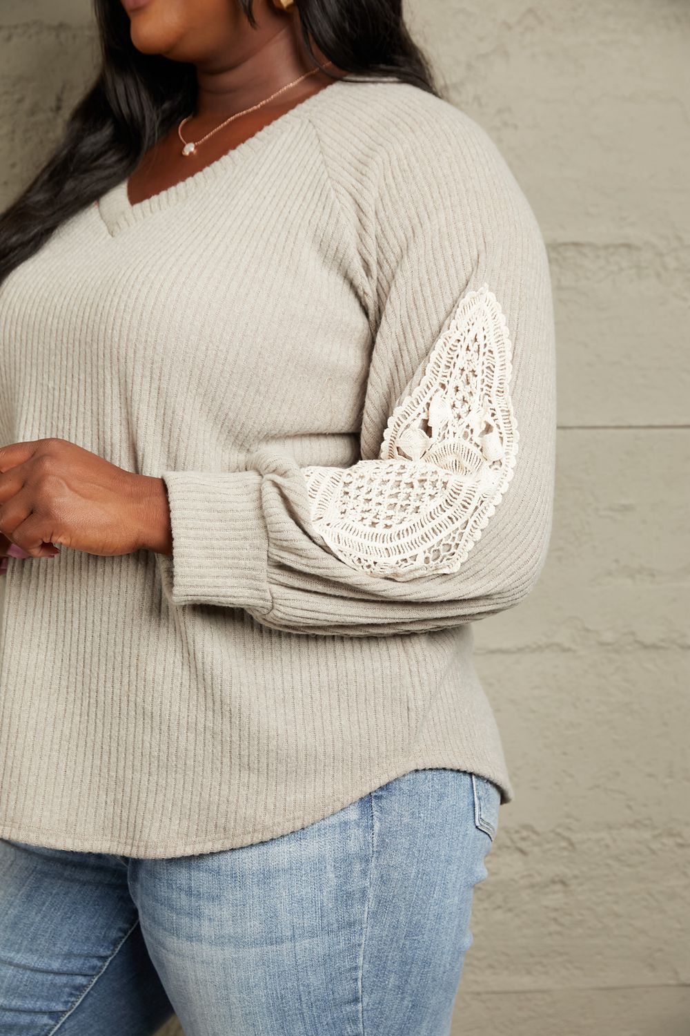 Full Size Lace Patch Detail Sweater - Sweaters - Shirts & Tops - 4 - 2024
