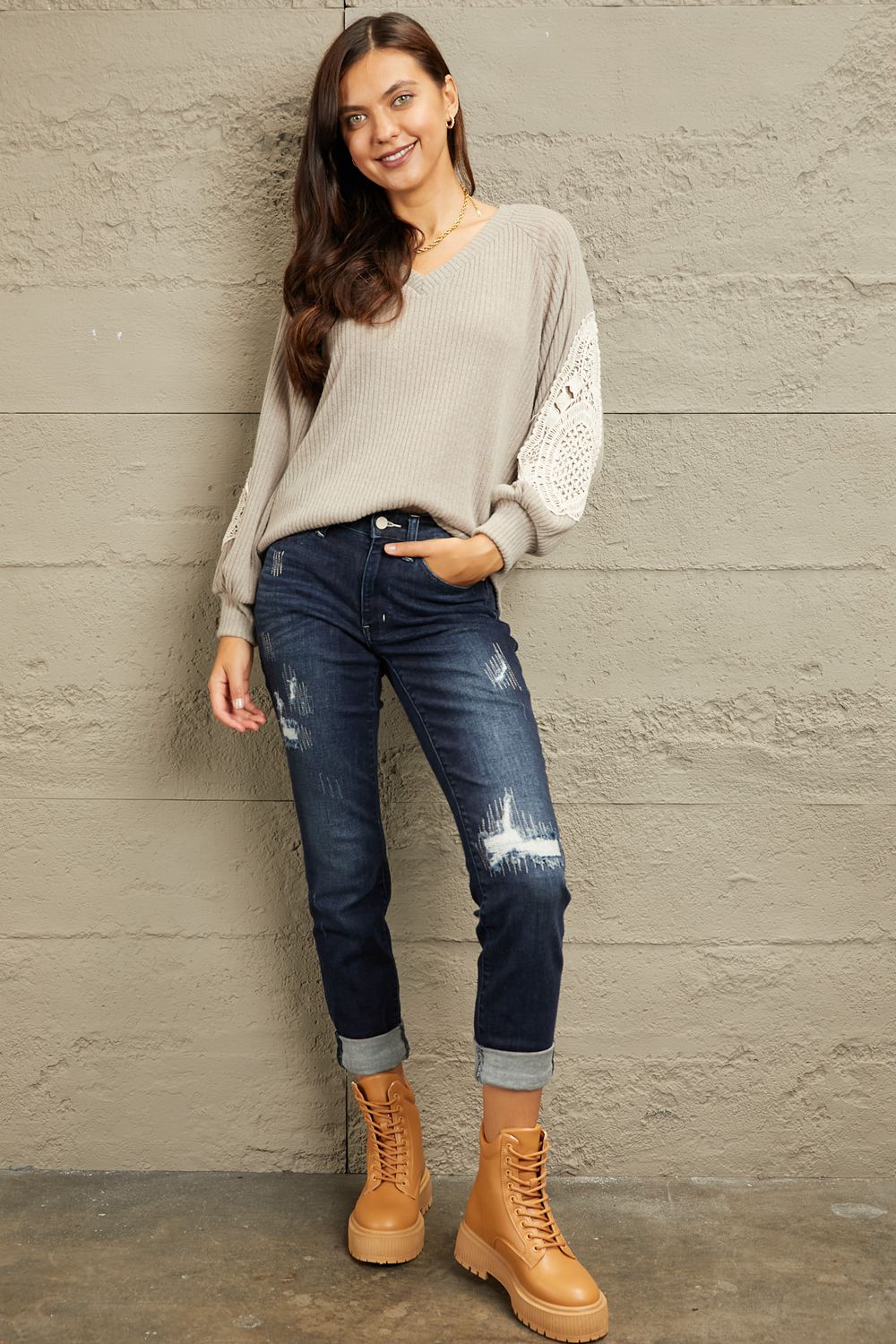 Full Size Lace Patch Detail Sweater - Sweaters - Shirts & Tops - 9 - 2024
