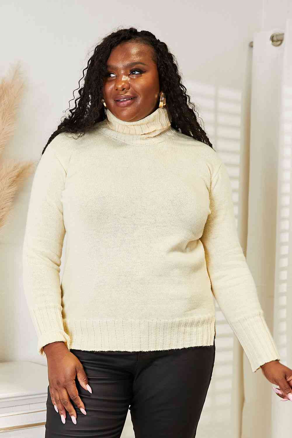 Full Size Long Sleeve Turtleneck Sweater with Side Slit - Cream / S/M - Sweaters - Shirts & Tops - 1 - 2024