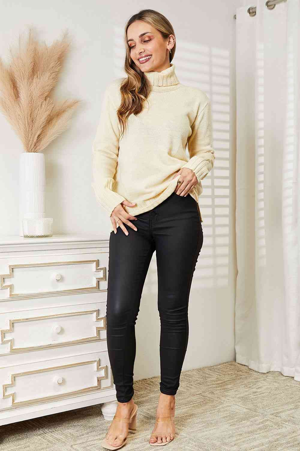 Full Size Long Sleeve Turtleneck Sweater with Side Slit - Sweaters - Shirts & Tops - 9 - 2024