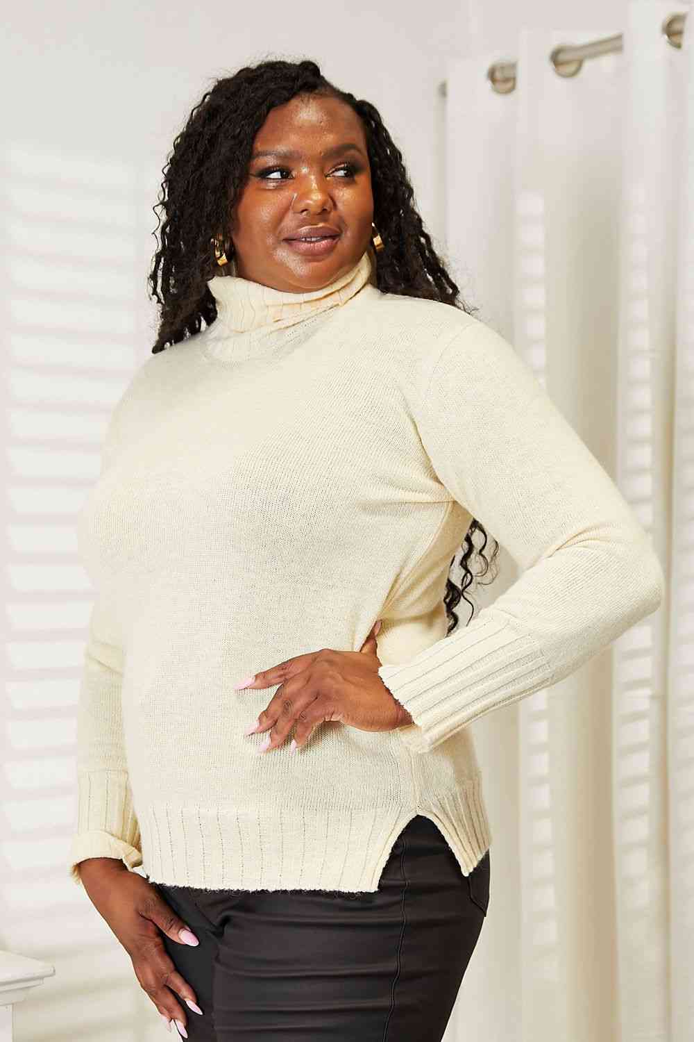 Full Size Long Sleeve Turtleneck Sweater with Side Slit - Sweaters - Shirts & Tops - 3 - 2024