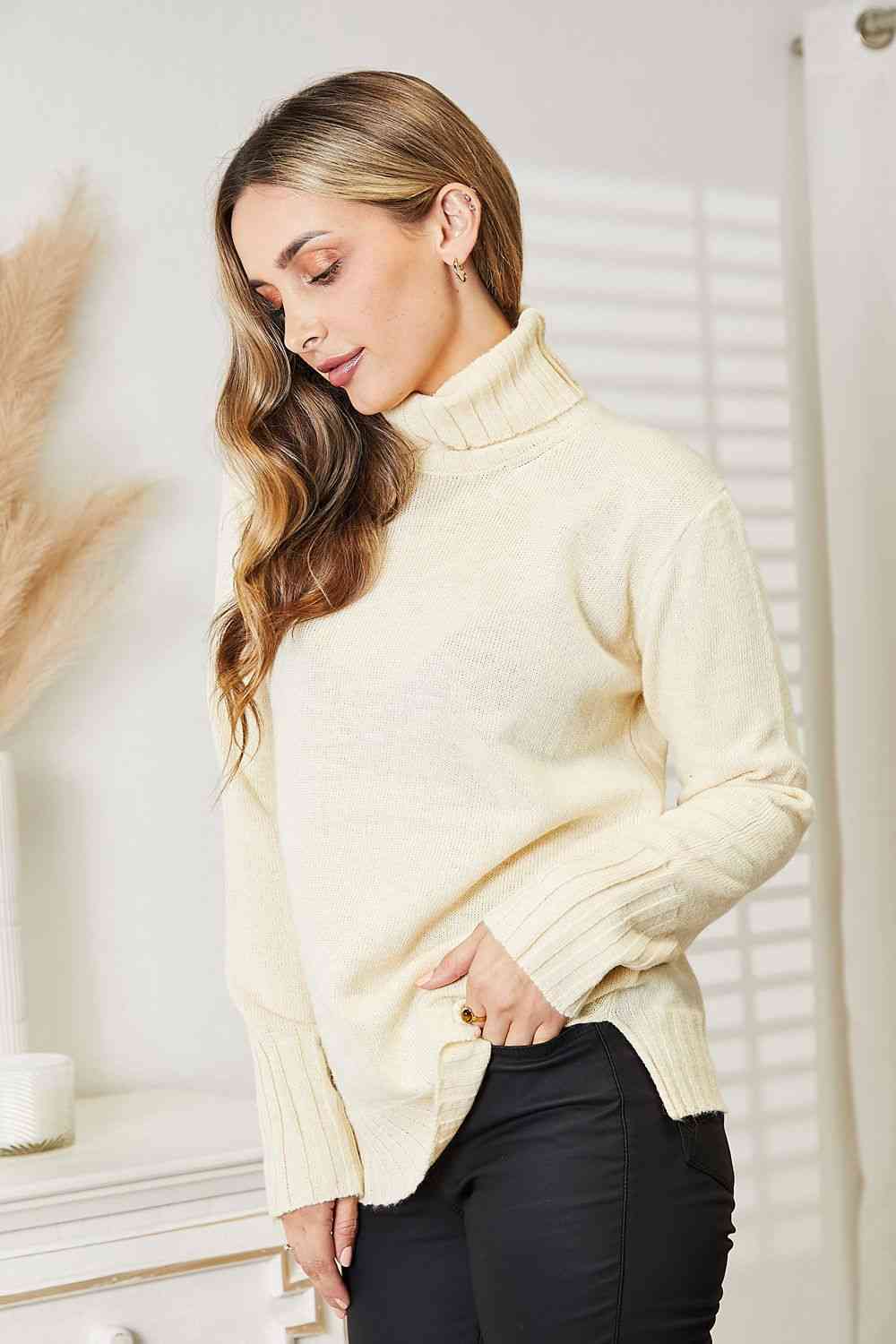 Full Size Long Sleeve Turtleneck Sweater with Side Slit - Sweaters - Shirts & Tops - 7 - 2024