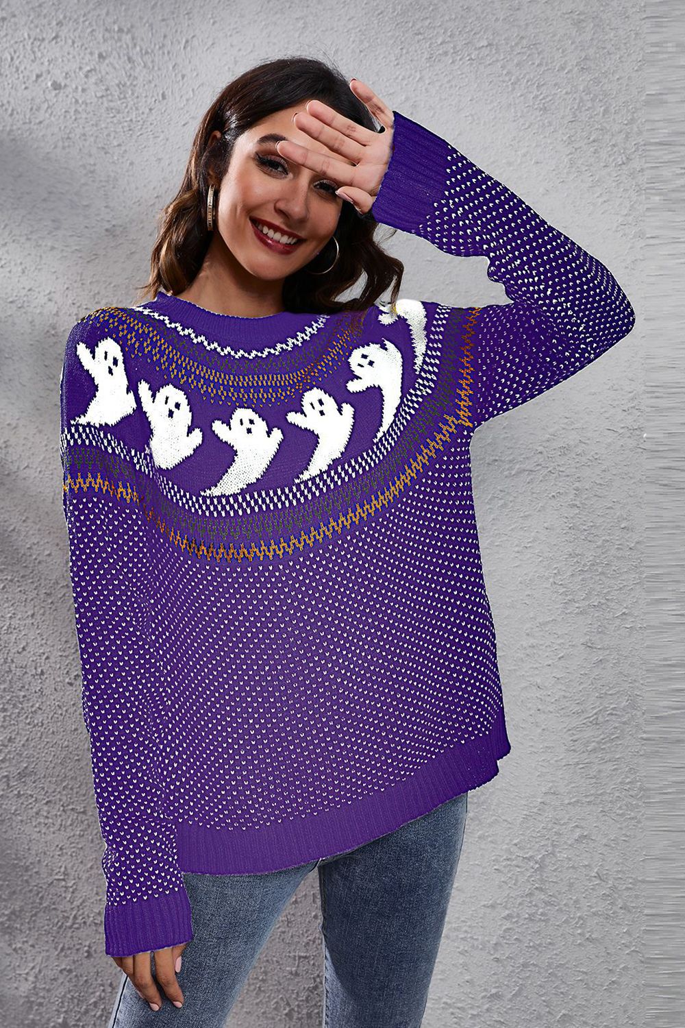 Ghost Pattern Round Neck Long Sleeve Sweater - Purple / S - Sweaters - Shirts & Tops - 19 - 2024