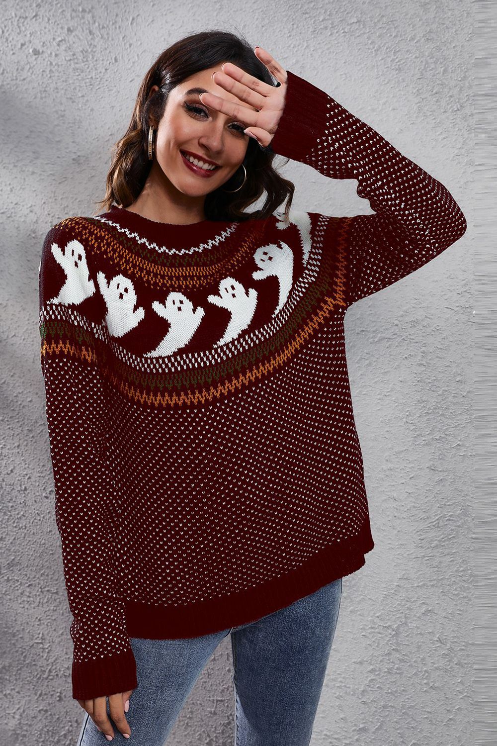 Ghost Pattern Round Neck Long Sleeve Sweater - Red / S - Sweaters - Shirts & Tops - 16 - 2024