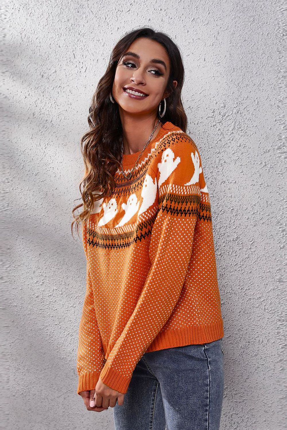 Ghost Pattern Round Neck Long Sleeve Sweater - Sweaters - Shirts & Tops - 14 - 2024