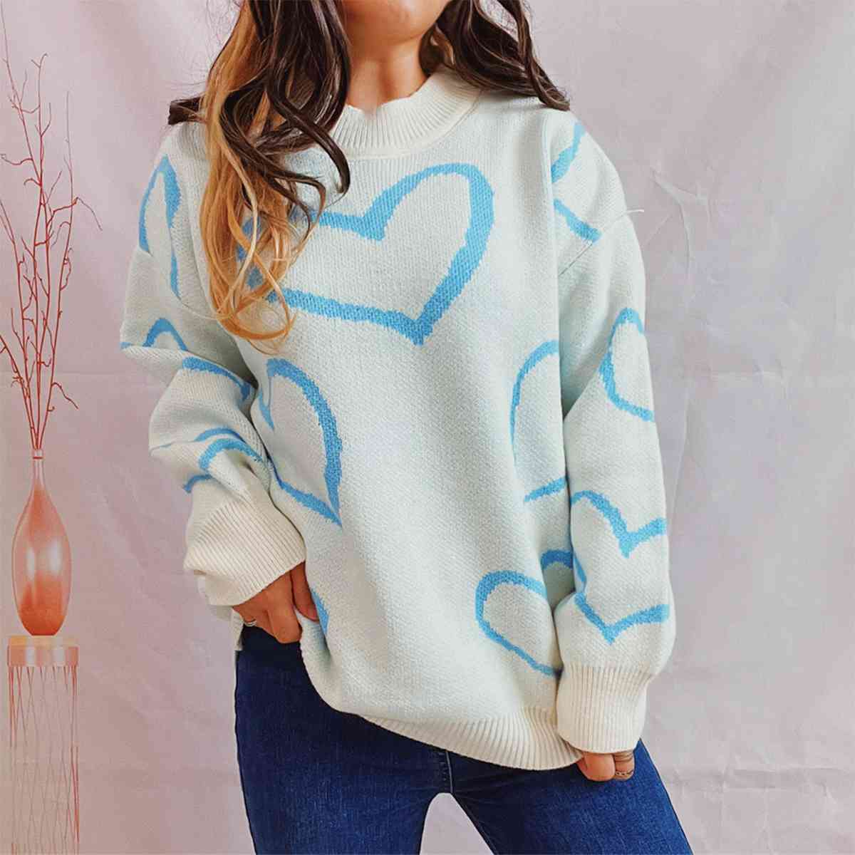 Heart Pattern Long Sleeve Sweater - Pastel Blue / S - Sweaters - Shirts & Tops - 9 - 2024