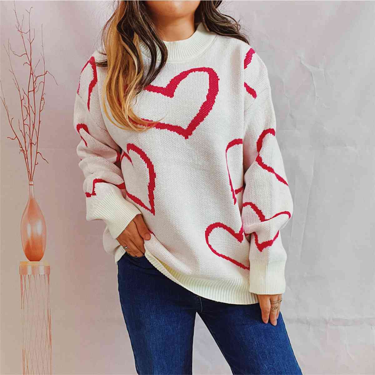 Heart Pattern Long Sleeve Sweater - Deep Rose / S - Sweaters - Shirts & Tops - 5 - 2024