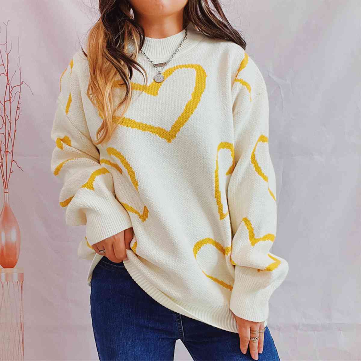 Heart Pattern Long Sleeve Sweater - Banana Yellow / S - Sweaters - Shirts & Tops - 13 - 2024