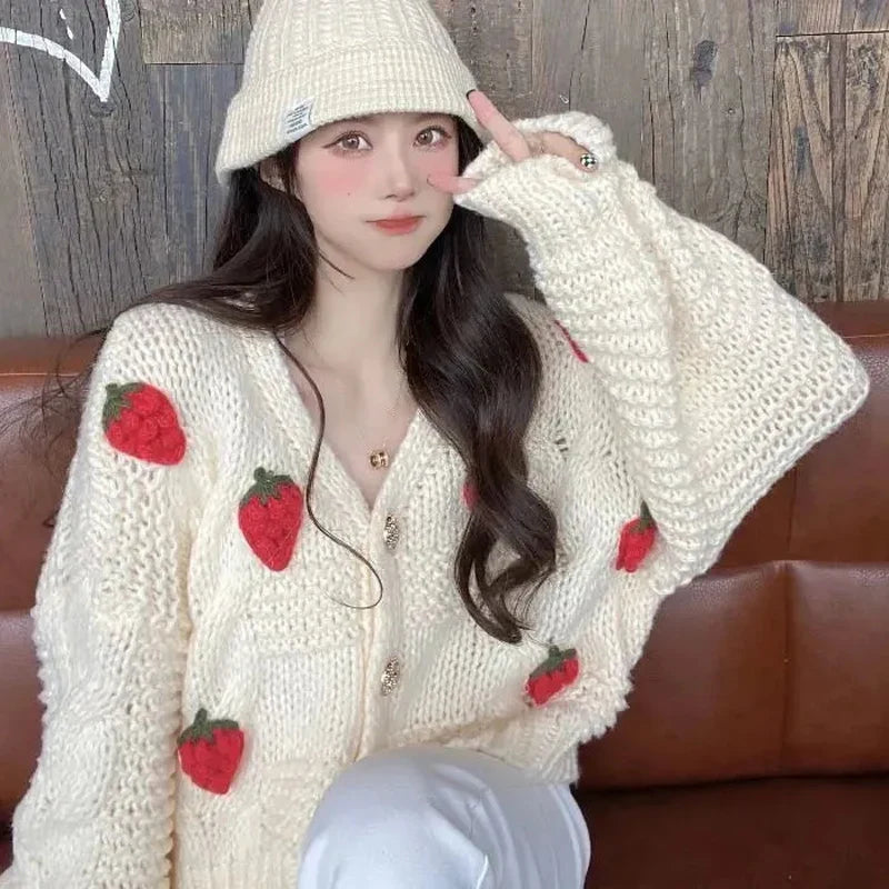 Kawaii Harajuku Style Strawberry Cardigan Sweater - White / S - Sweaters - Shirts & Tops - 7 - 2024