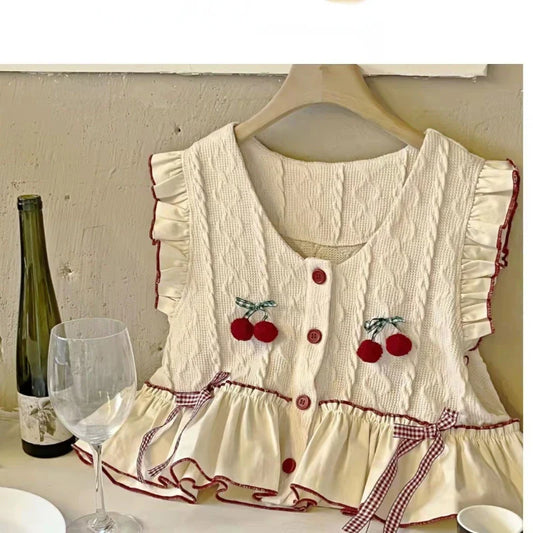 Kawaii Patchwork Cherry Bow Knit Sweater Vest - Beige / S - Sweaters - Shirts & Tops - 3 - 2024