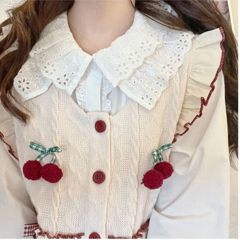 Kawaii Patchwork Cherry Bow Knit Sweater Vest - Sweaters - Shirts & Tops - 4 - 2024