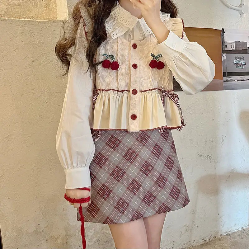 Kawaii Patchwork Cherry Bow Knit Sweater Vest - Sweaters - Shirts & Tops - 9 - 2024