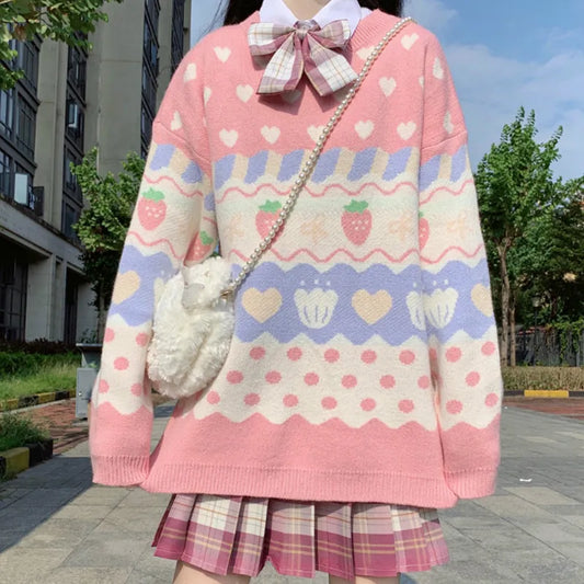 Kawaii Pink Strawberry Harajuku Sweater - Pink / One Size - Sweaters - Shirts & Tops - 1 - 2024