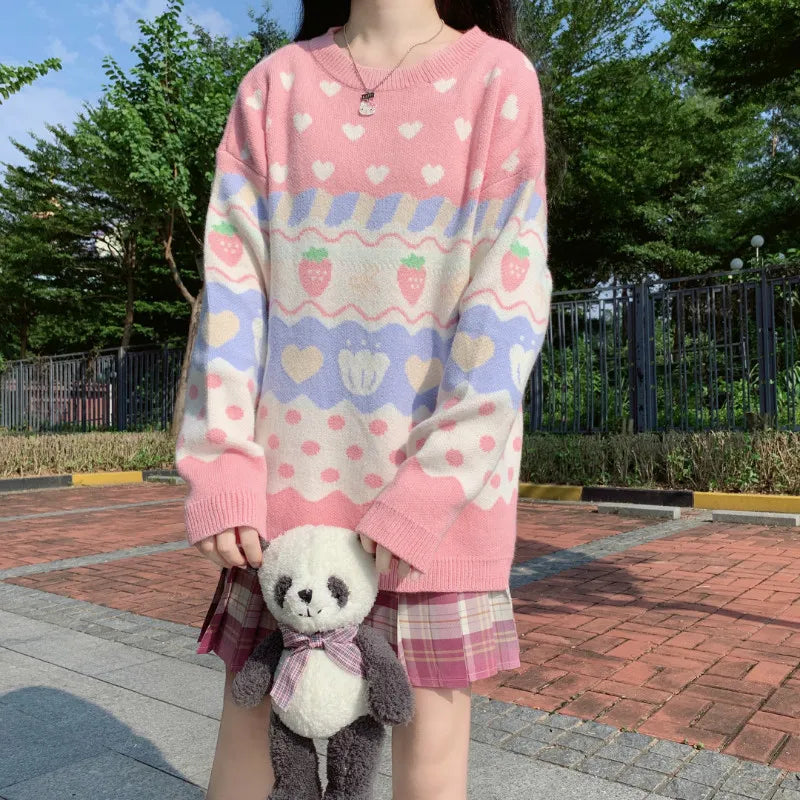 Kawaii Pink Strawberry Harajuku Sweater - Pink / One Size - Sweaters - Shirts & Tops - 2 - 2024