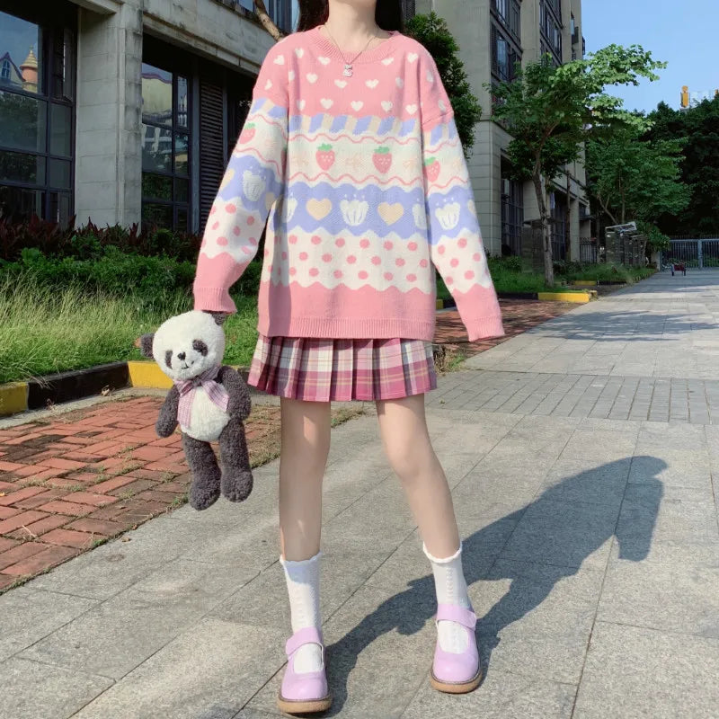 Kawaii Pink Strawberry Harajuku Sweater - Pink / One Size - Sweaters - Shirts & Tops - 3 - 2024