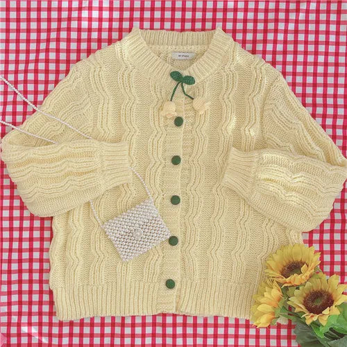 Korean Knitted Sweater Cardigan - Cute O-neck - Yellow / One Size - Sweaters - Shirts & Tops - 2 - 2024