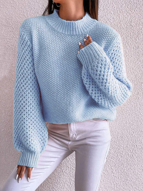 Openwork Mock Neck Long Sleeve Sweater - Pastel Blue / S - Sweaters - Shirts & Tops - 4 - 2024