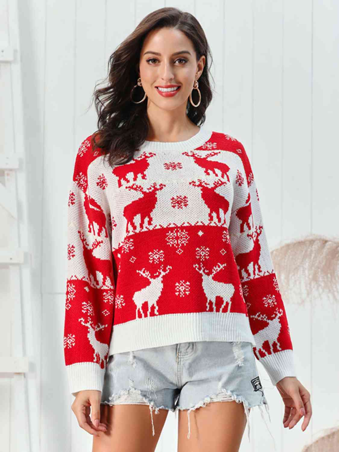 Reindeer Round Neck Sweater - Red / S - Sweaters - Shirts & Tops - 1 - 2024