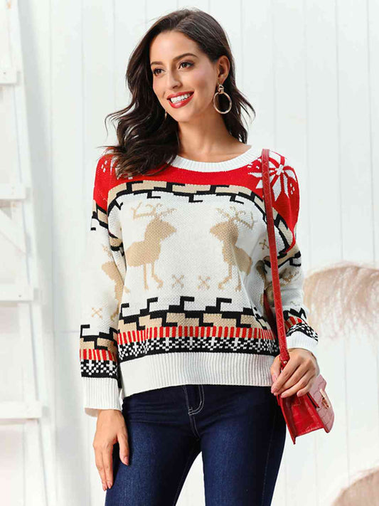Reindeer Round Neck Sweater - White / S - Sweaters - Shirts & Tops - 1 - 2024