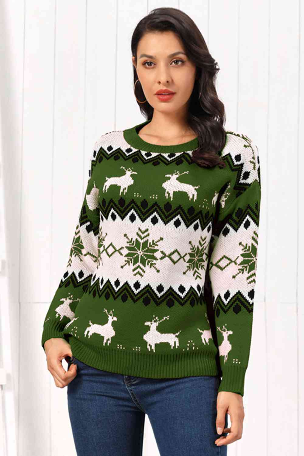 Reindeer Round Neck Sweater - Green / S - Sweaters - Shirts & Tops - 5 - 2024