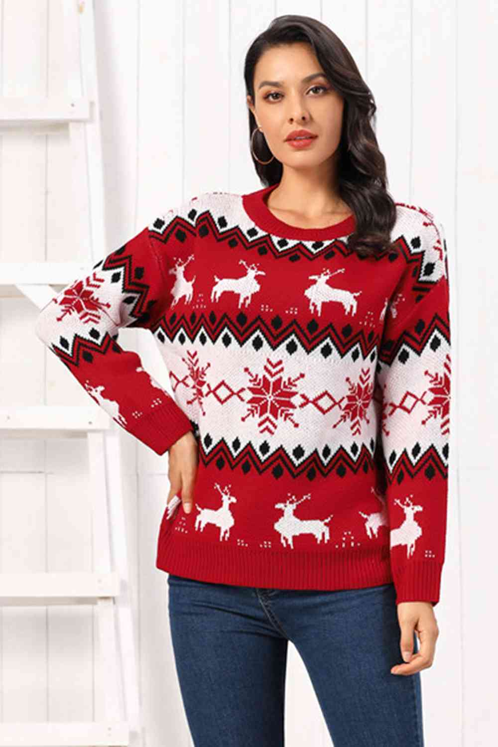 Reindeer Round Neck Sweater - Sweaters - Shirts & Tops - 4 - 2024