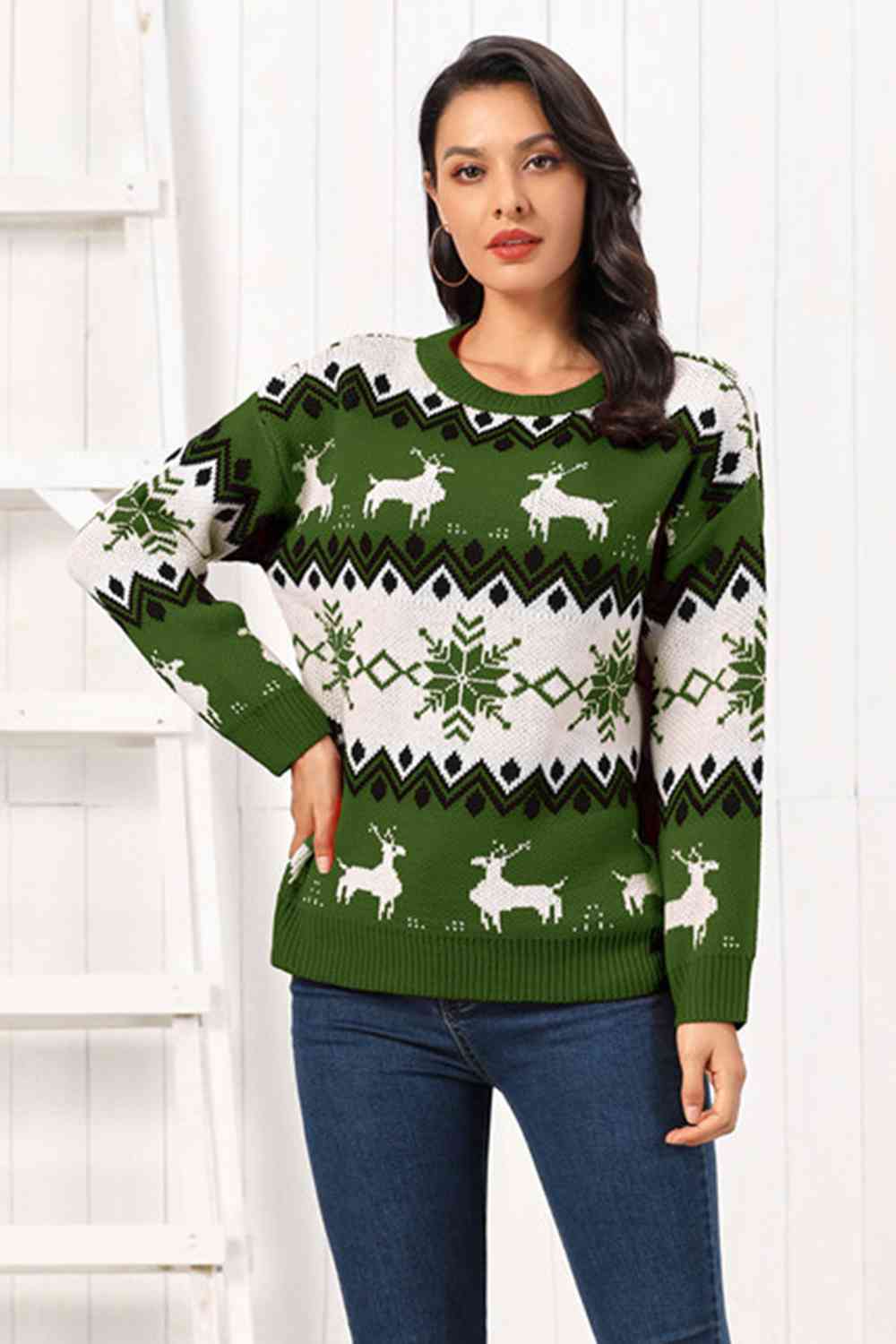 Reindeer Round Neck Sweater - Sweaters - Shirts & Tops - 7 - 2024