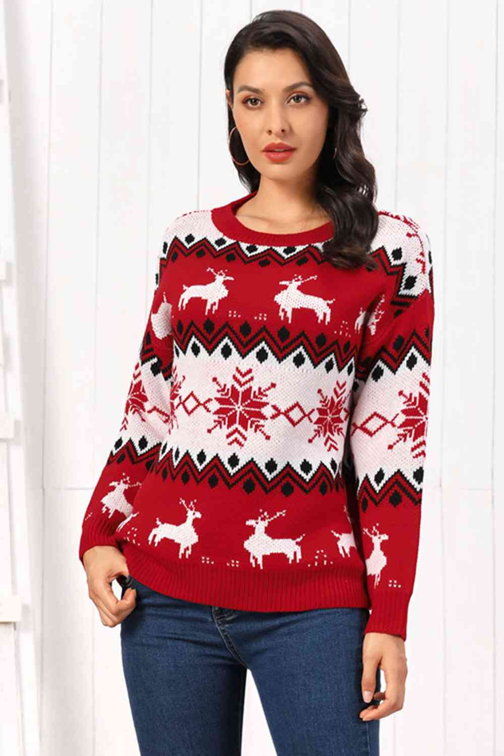 Reindeer Round Neck Sweater - Deep Red / S - Sweaters - Shirts & Tops - 1 - 2024