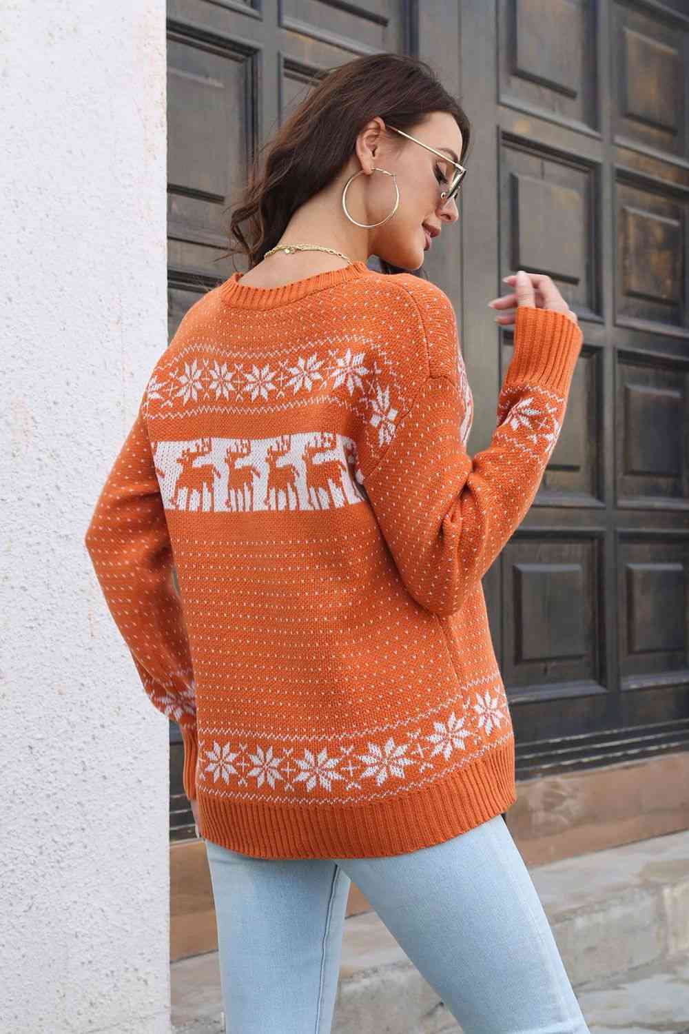 Reindeer & Snowflake Pattern Dropped Shoulder Pullover Sweater - Sweaters - Shirts & Tops - 2 - 2024