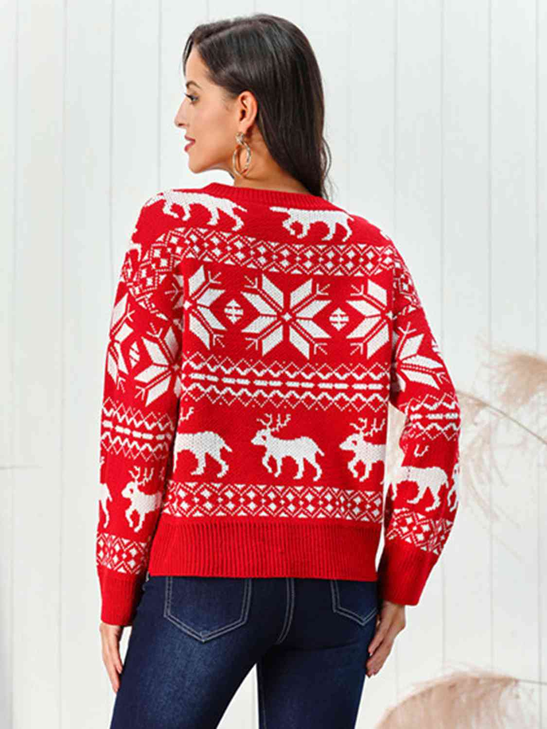Reindeer & Snowflake Round Neck Sweater - Sweaters - Shirts & Tops - 2 - 2024