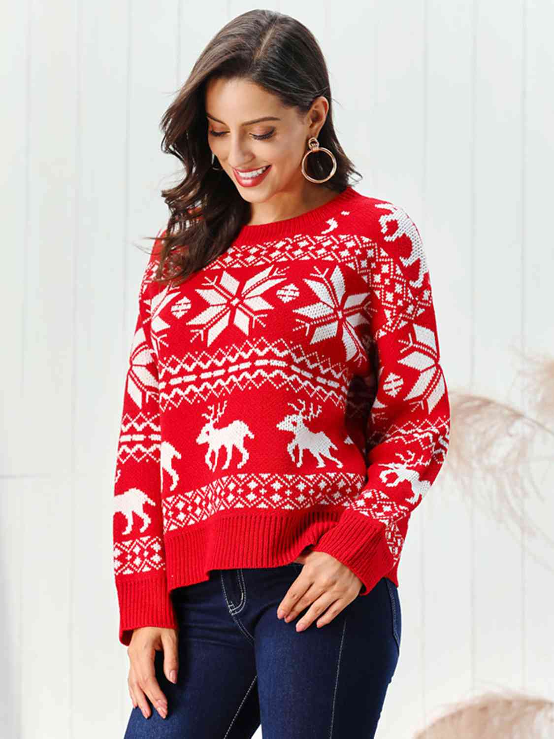 Reindeer & Snowflake Round Neck Sweater - Sweaters - Shirts & Tops - 3 - 2024