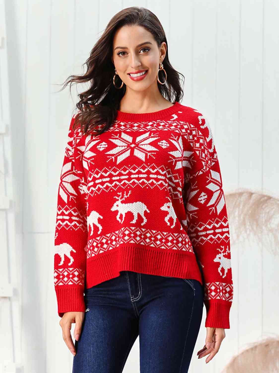Reindeer & Snowflake Round Neck Sweater - Red / S - Sweaters - Shirts & Tops - 1 - 2024