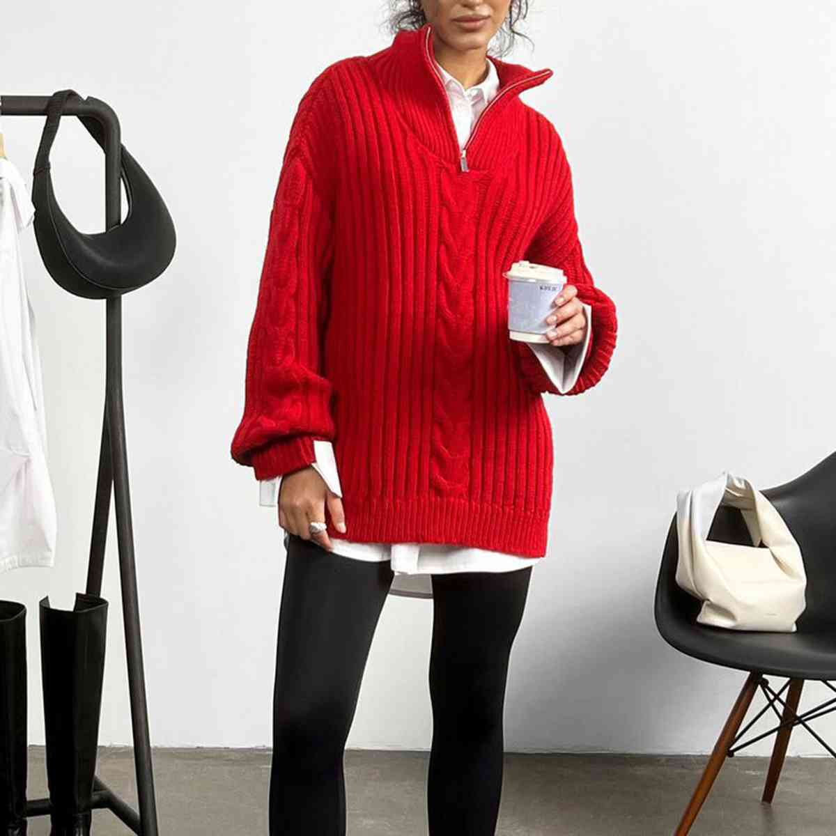 Ribbed Half Zip Long Sleeve Sweater - Sweaters - Shirts & Tops - 7 - 2024