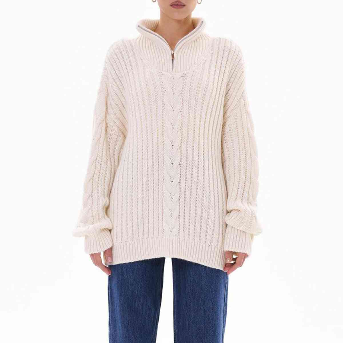 Ribbed Half Zip Long Sleeve Sweater - White / S - Sweaters - Shirts & Tops - 8 - 2024