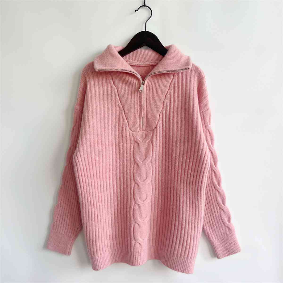 Ribbed Half Zip Long Sleeve Sweater - Dusty Pink / S - Sweaters - Shirts & Tops - 1 - 2024