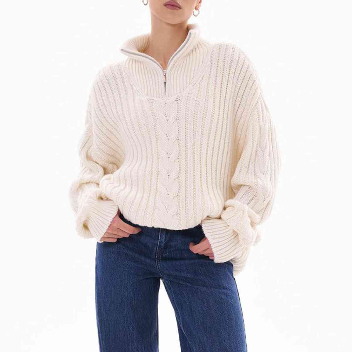 Ribbed Half Zip Long Sleeve Sweater - Sweaters - Shirts & Tops - 10 - 2024