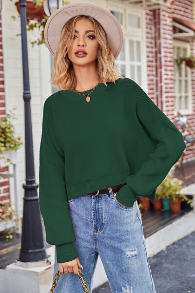 Round Neck Drop Shoulder Long Sleeve Sweater - Green / S - Sweaters - Shirts & Tops - 43 - 2024