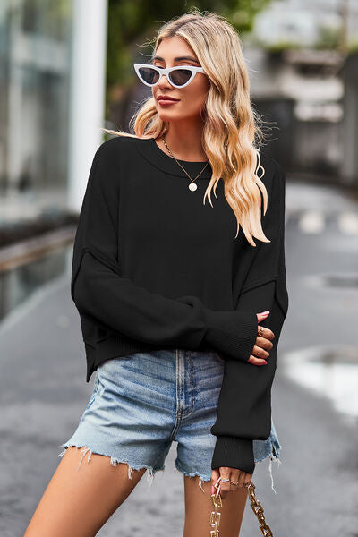 Round Neck Drop Shoulder Long Sleeve Sweater - Black / S - Sweaters - Shirts & Tops - 38 - 2024