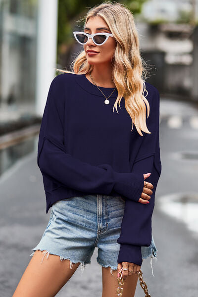 Round Neck Drop Shoulder Long Sleeve Sweater - Sweaters - Shirts & Tops - 7 - 2024
