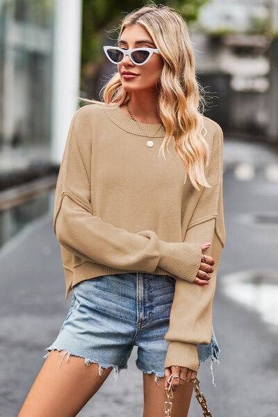 Round Neck Drop Shoulder Long Sleeve Sweater - Tan / S - Sweaters - Shirts & Tops - 47 - 2024