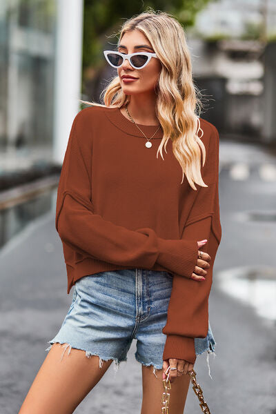 Round Neck Drop Shoulder Long Sleeve Sweater - Sweaters - Shirts & Tops - 35 - 2024