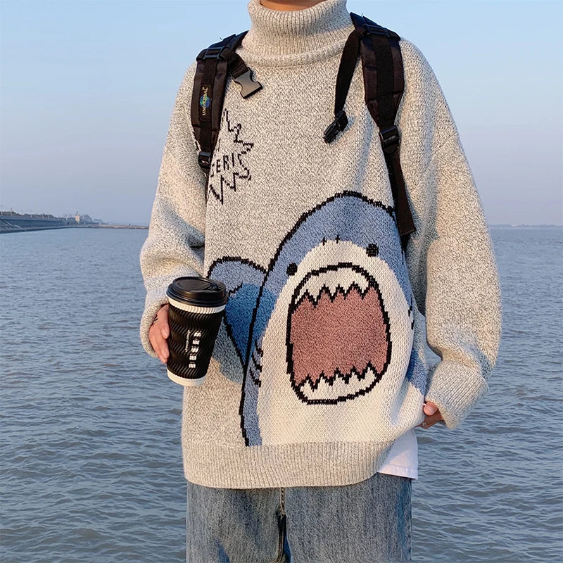 Shark Patchwork Turtleneck - Men’s Oversized Sweater Korean Style - Gray / S - Sweaters - Shirts & Tops - 8 - 2024