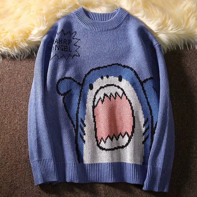 Shark Patchwork Turtleneck - Men’s Oversized Sweater Korean Style - Blue - O neck / S - Sweaters - Shirts & Tops - 9
