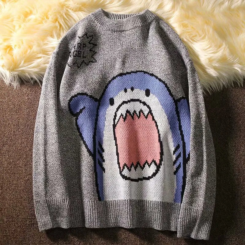 Shark Patchwork Turtleneck - Men’s Oversized Sweater Korean Style - Gray - O neck / S - Sweaters - Shirts & Tops - 10