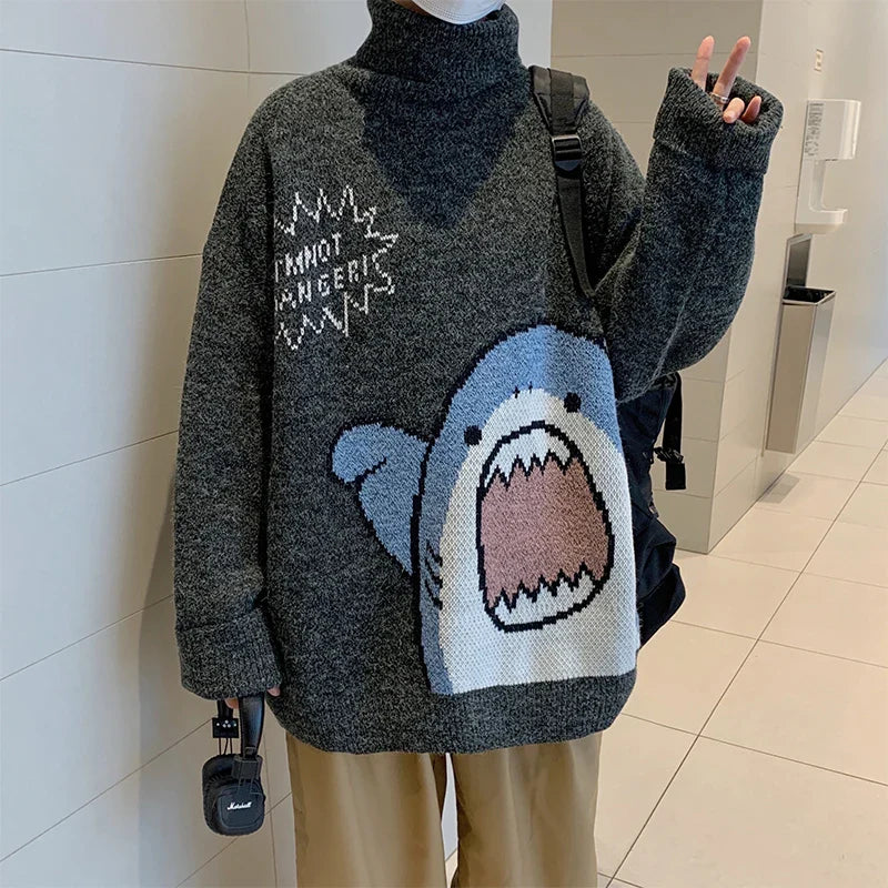 Shark Patchwork Turtleneck - Men’s Oversized Sweater Korean Style - Black / S - Sweaters - Shirts & Tops - 6 - 2024