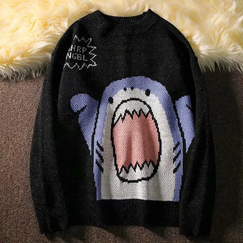 Shark Patchwork Turtleneck - Men’s Oversized Sweater Korean Style - Black - O neck / S - Sweaters - Shirts & Tops