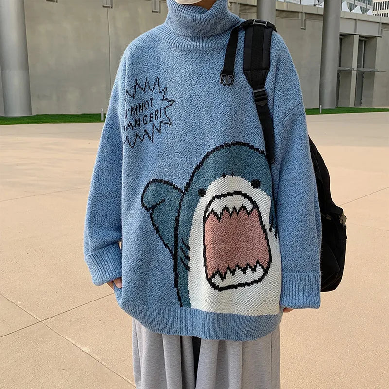 Shark Patchwork Turtleneck - Men’s Oversized Sweater Korean Style - Blue / S - Sweaters - Shirts & Tops - 7 - 2024