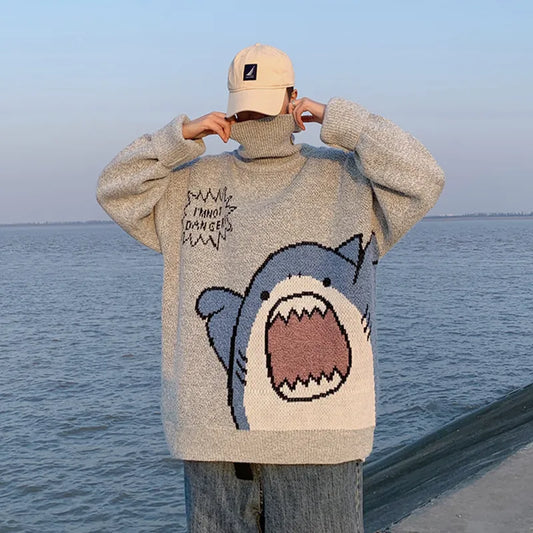 Shark Patchwork Turtleneck - Men’s Oversized Sweater Korean Style - Sweaters - Shirts & Tops - 1 - 2024